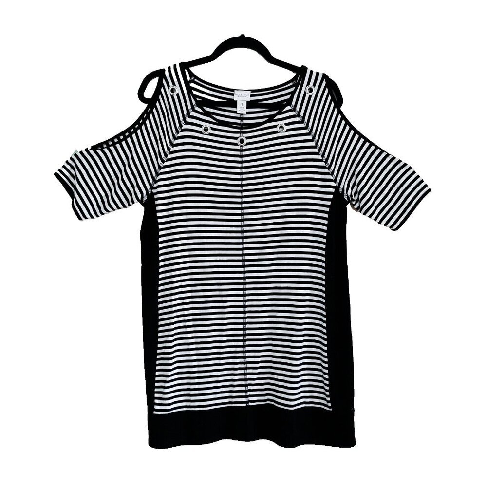Weekends By Chico's Womens Cold Shoulder Top Size 1 White & Black Striped